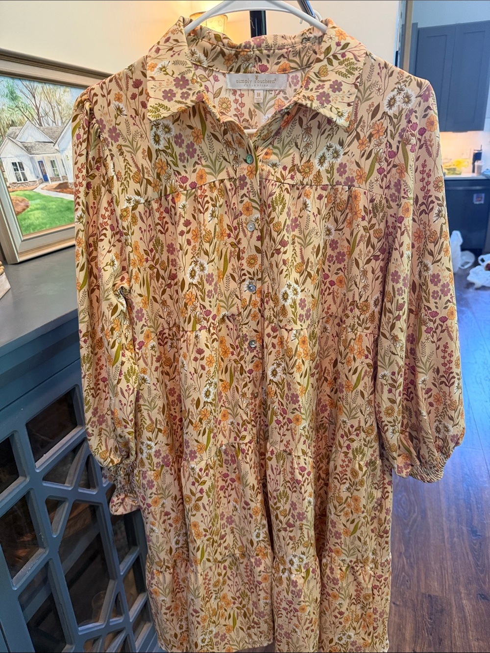 Simply Southern Floral Button-Front Long Sleeve Dress in Cream, Pink and Green